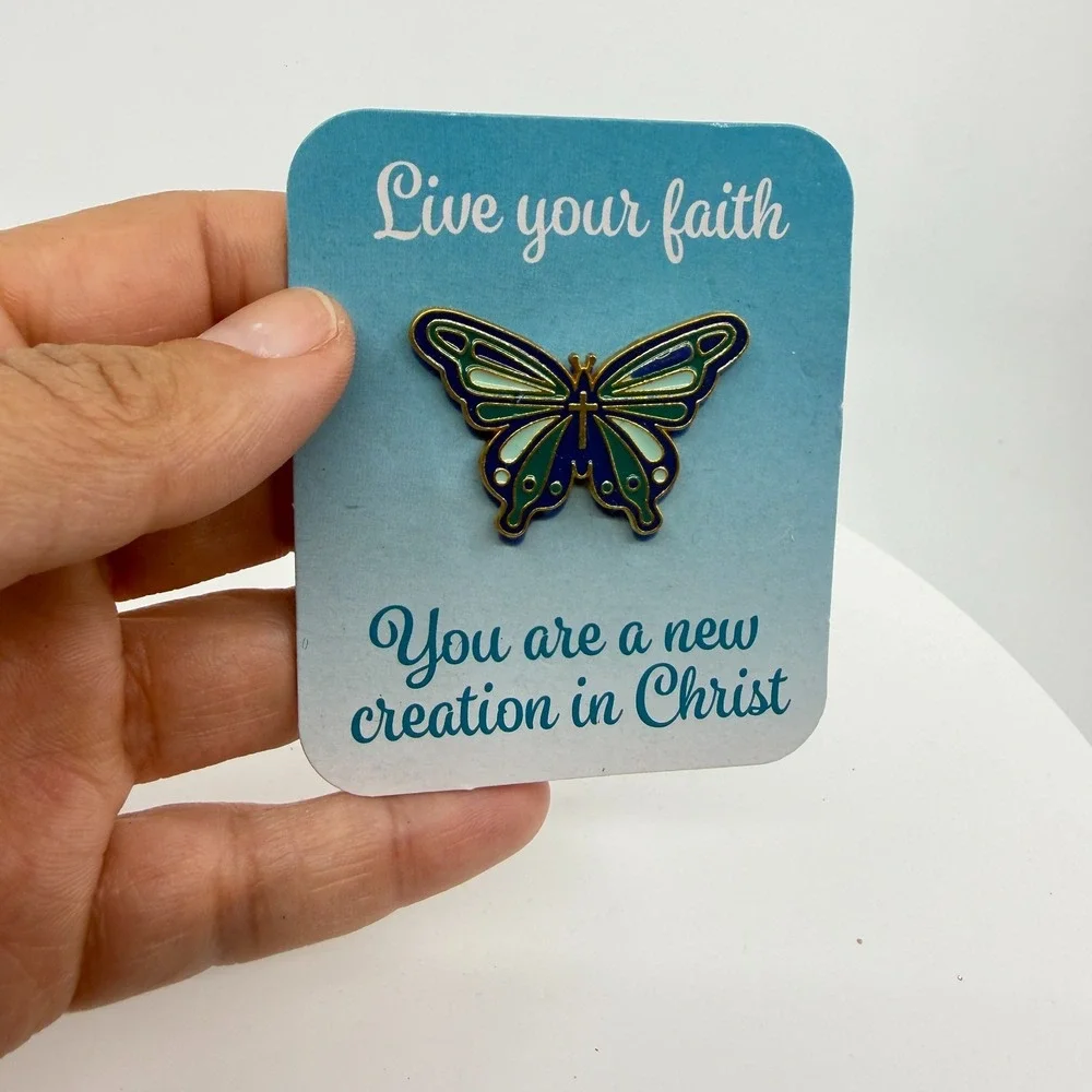 Oriental Trading Christian Butterfly Cross Enamel Lapel Pin Blue Faith Gift